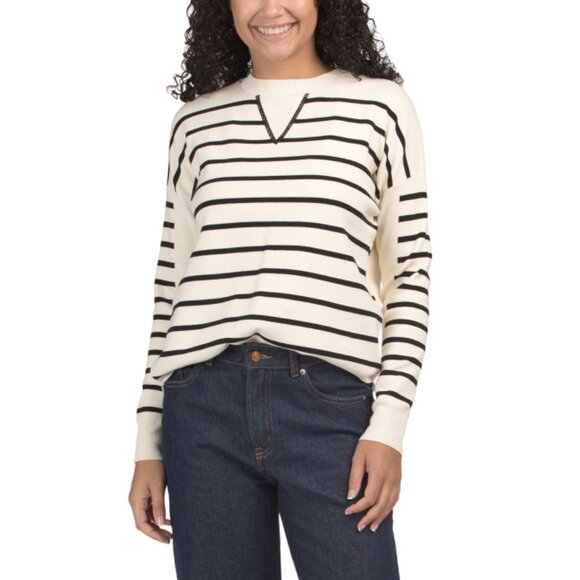 EDINBURGH KNITS Black/white Pima Cotton Blend Striped Front Sweater - Picture 1 of 2